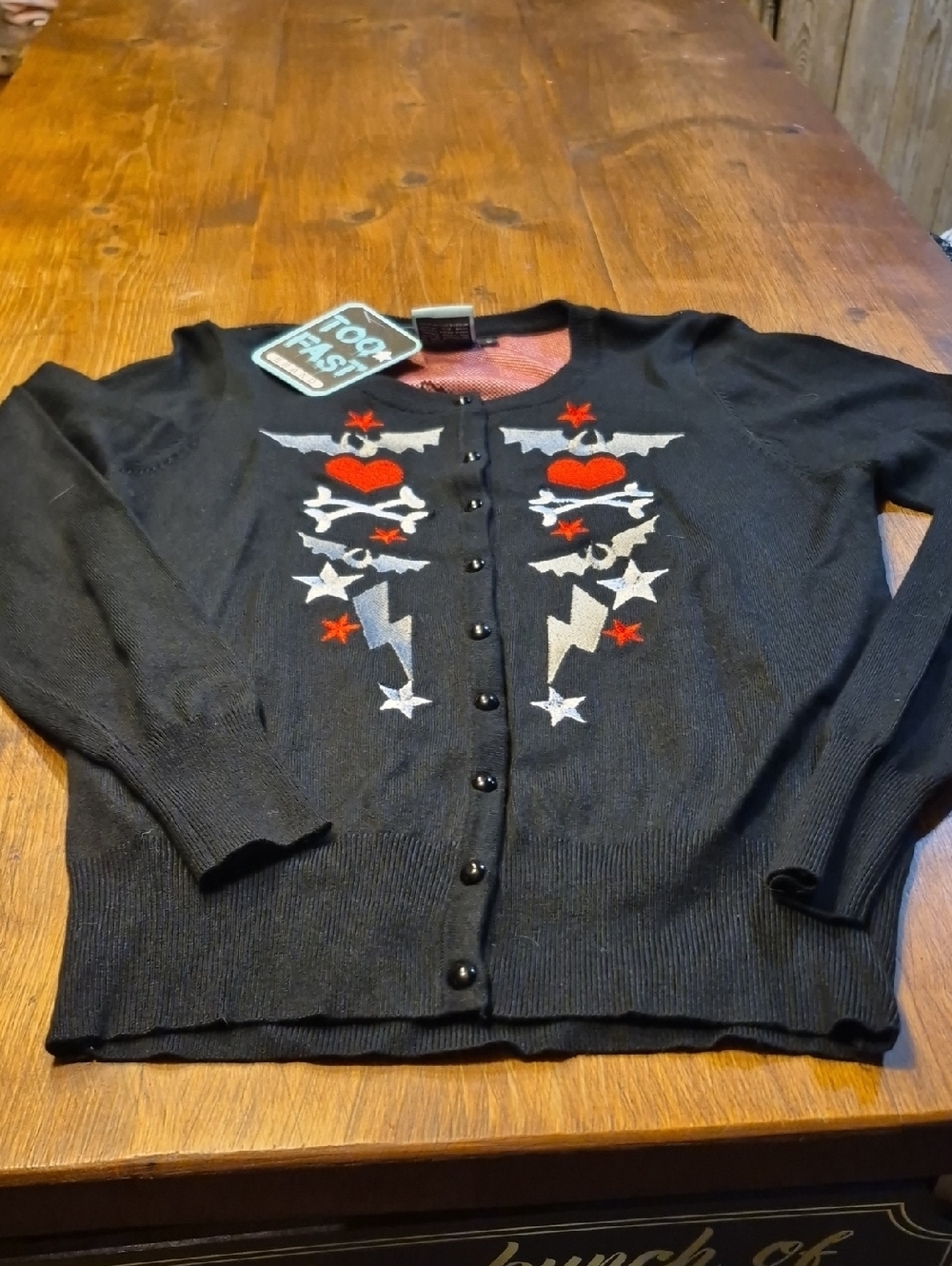Too Fast Black Cardigan with Red Star & Silver Embroidery
